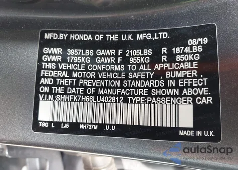 2020 Honda Civic Ex z USA, uszkodzony, nr VIN SHHFK7H66LU402812